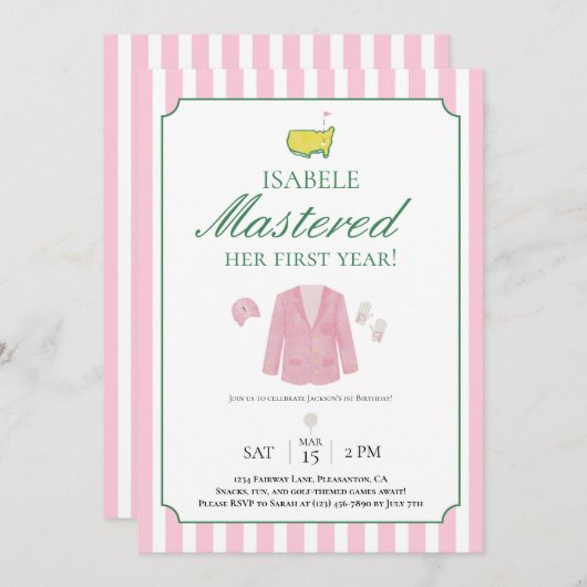 Pink Jacket Golf First Birthday Invitation Dankeskarte (Vorne/Hinten)
