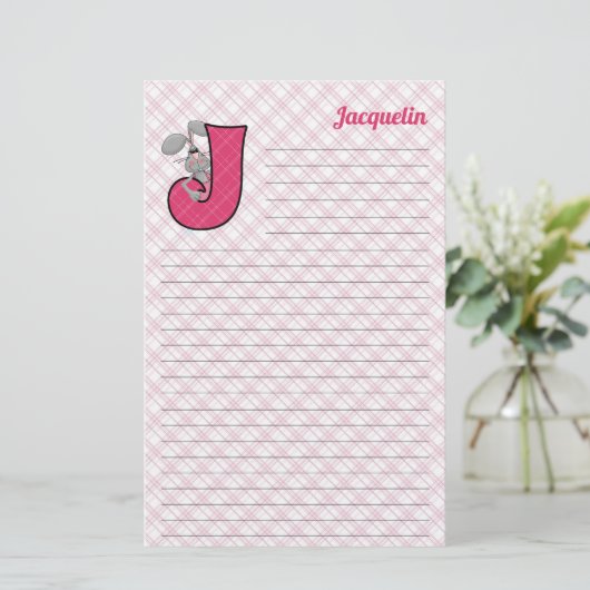 Pink Jackrabbit Mongram Letter J Lined Briefpapier (Stehend Vorderseite)
