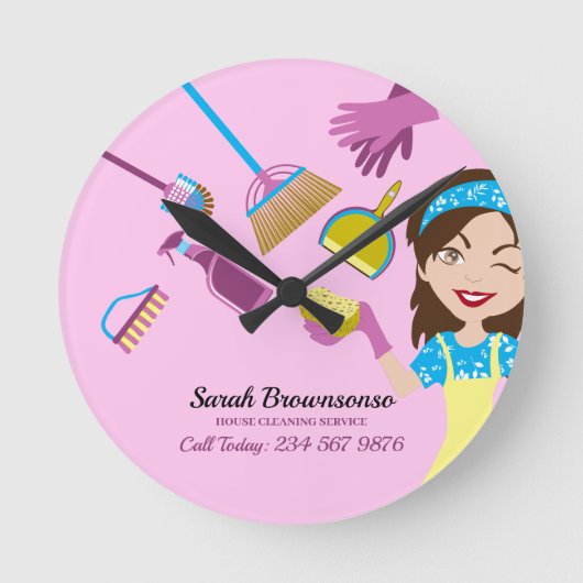 Pink Janitorial LAdy Reinigung Beruflich Runde Wanduhr (Vorderseite)