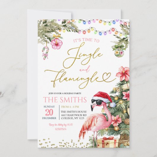 Pink Jingle und Flamingo Tropical Christmas Einladung (Vorderseite)