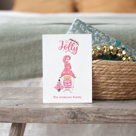 Pink Jolly Girl Gnome Holiday Card - Custom Family Feiertagskarte