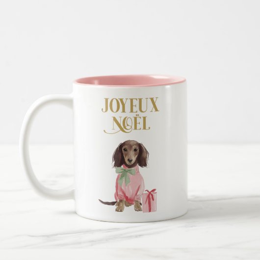 Pink Joyeux Noël Dachshund Christmas Mug Zweifarbige Tasse (Links)