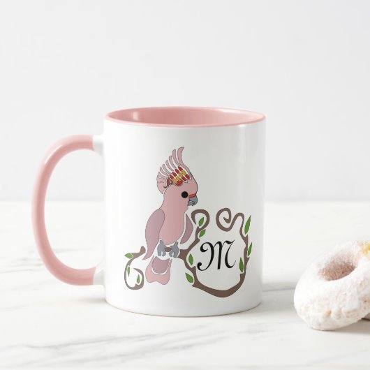 Pink-Kakadu-Monogramm Tasse (Mit Donut)