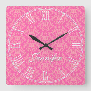 Pink kangaroo paw & heart damask name wall clock quadratische wanduhr