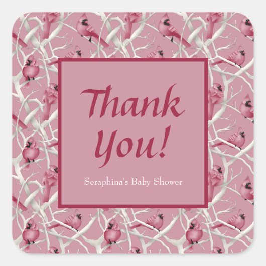 Pink Kardinal Baby Dusche Danke Quadratischer Aufkleber (Vorderseite)