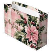 Pink Kariert Poinsettia Weihnachten Große Geschenktüte (Rückseite Schrägansicht)