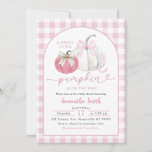 Pink Kariert Preppy Bow Pumpkin Baby Dusche Einladung (Vorderseite)