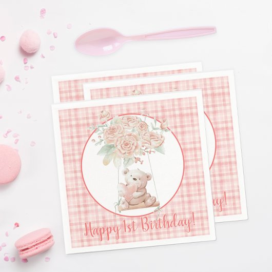 Pink Kariert Teddy Bär Geburtstag Serviette