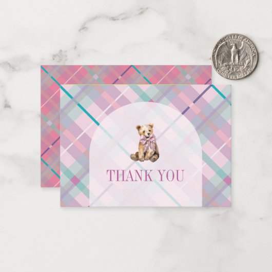 Pink Kariert Teddy Bear Baby Dusche Danke Mitteilungskarte (Vorderseite/Rückseite Beispiel)