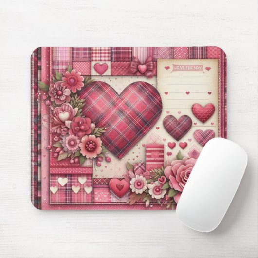 PINK KARIERT VALENTINES HERZEN UND BLUME MOUSEPAD (Mit Mouse)