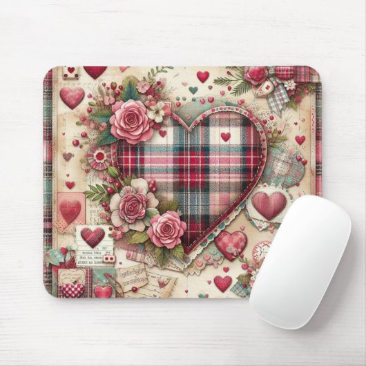 PINK KARIERT VALENTINES HERZEN UND BLUME MOUSEPAD (Mit Mouse)