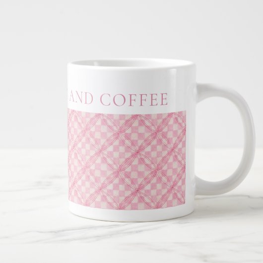 PINK KARO QUILT Große weiße Tasse + Text (Rechts)
