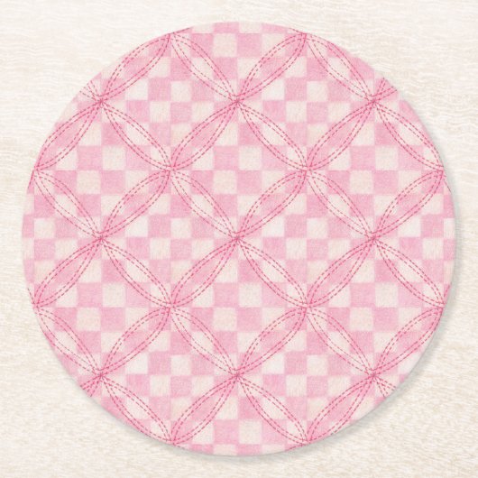 PINK KARO QUILT Round Paper Untersetzer (Vorderseite)