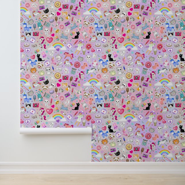 Pink Kawaii Cartoon Decora Kinderzimmer Tapete (Anwendung)