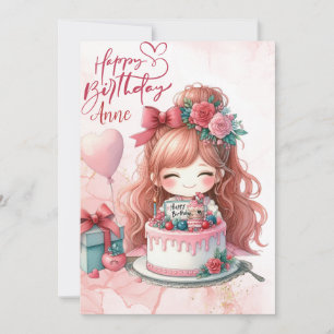 Pink Kawaii Girl Happy Birthday Grußkarte Feiertagskarte