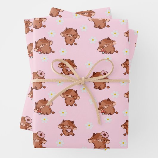 Pink Kawaii Highland Cows Seamless Pattern Geschenkpapier Set (Beispiel)