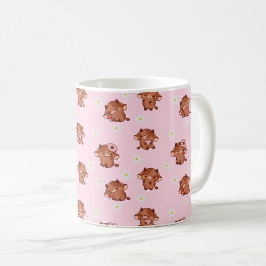 Pink Kawaii Highland Cows Seamless Pattern Kaffeetasse (VorderseiteRechts)