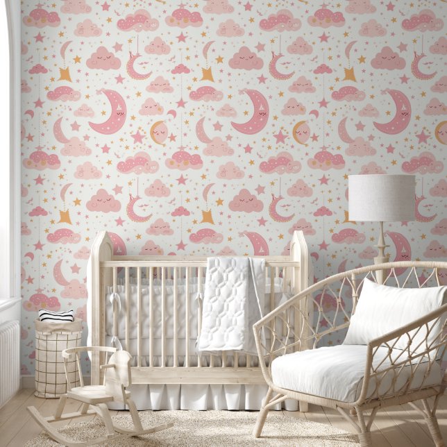 Pink Kawaii Night Sky Pattern Baby Kinderzimmer Tapete (Kinder)