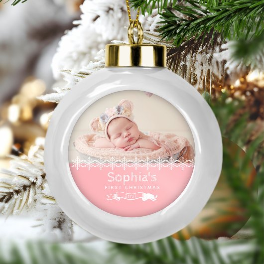 Pink Keepake Foto Babys Erste Weihnachten Keramik Kugel-Ornament