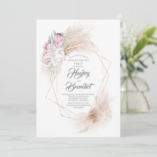 Pink King Protea und Pampas Grass Engagement Party Einladung (Stehend Vorderseite)