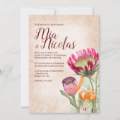Pink King Proteas, Orange Lilies Hochzeit im Herbs Einladung (Vorderseite)