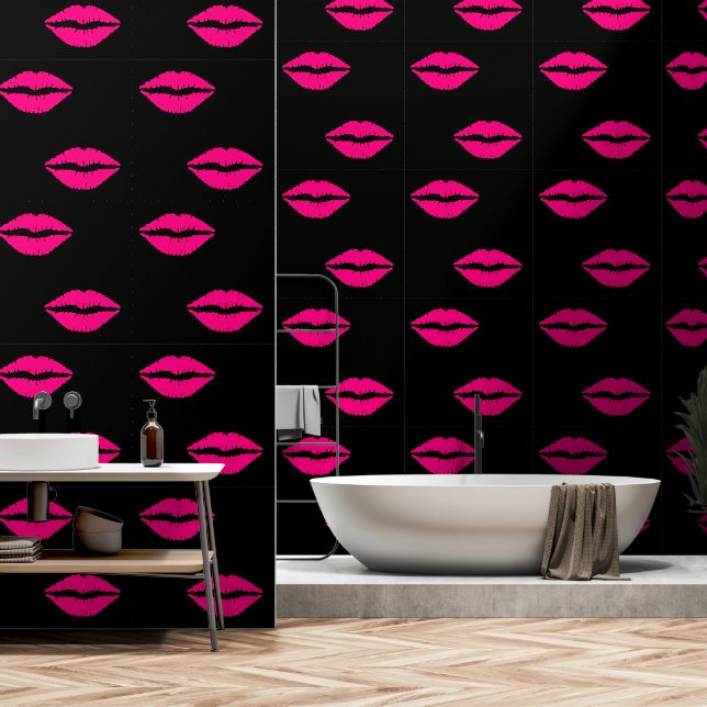 Pink Kiss Lippt Farbschwarz Tapete (Badezimmer)