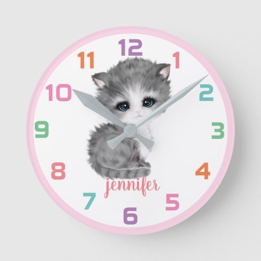 Pink Kitte Katze farbenfrohe Kinder Uhr (Vorderseite)