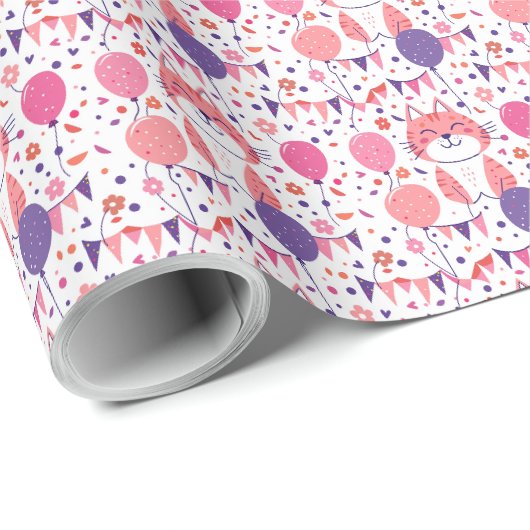 Pink Kitten und Balloons Geburtstagsgeschenke Wrap Geschenkpapier (Rolleneckpunkt)
