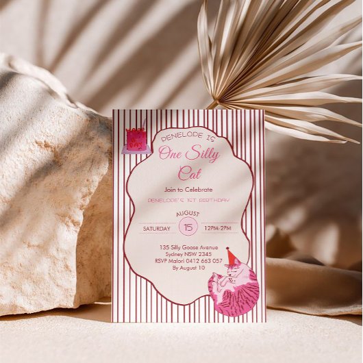 Pink Kitty Party One Silly Cat 1st Birthday Einladung