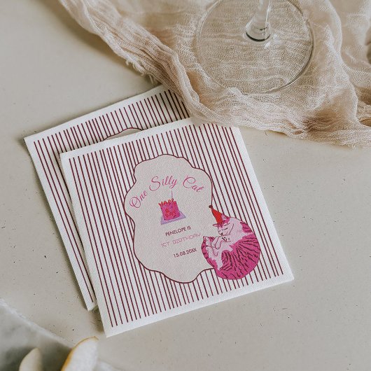 Pink Kitty Party One Silly Cat 1st Birthday Serviette