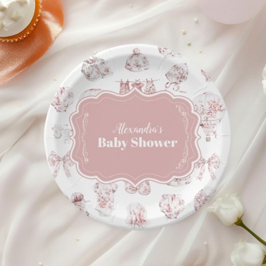 Pink Kleidung Toile De Jouy Baby Dusche Pappteller