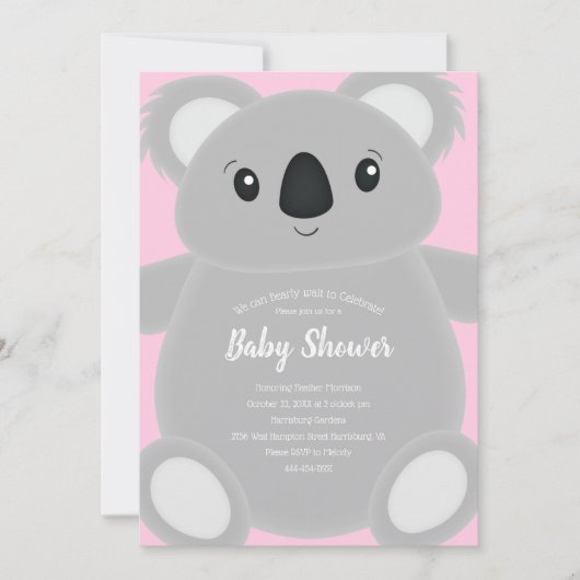 Pink Koala Bear Baby Dusche Einladung (Vorderseite)