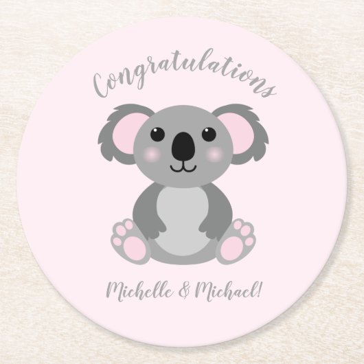 Pink Koala Bear Baby Dusche Runder Pappuntersetzer (Vorderseite)