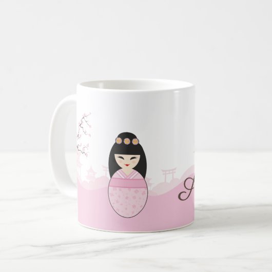 Pink Kokeshi Doll Design Kaffeetasse (Vorderseite Links)