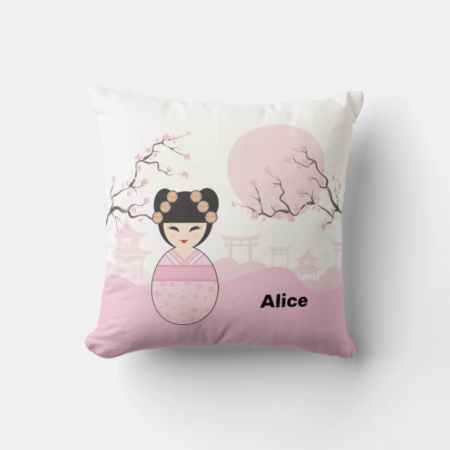 Pink Kokeshi Doll Typical Japanese Landscape Kissen (Vorderseite)