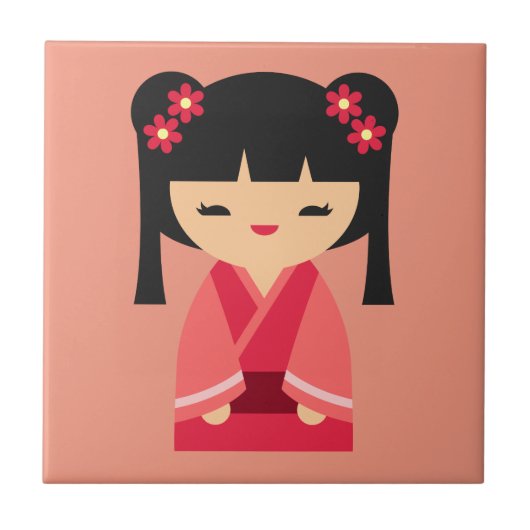 Pink Kokeshi Japanische Puppen Fliese (Vorderseite)