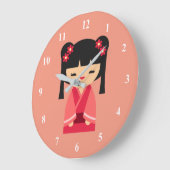 Pink Kokeshi Japanische Puppen Große Wanduhr (Winkel)