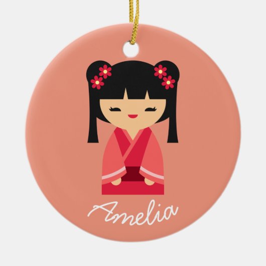 Pink Kokeshi Japanische Puppen Keramik Ornament (Vorne)