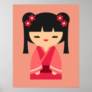 Pink Kokeshi Japanische Puppen Poster