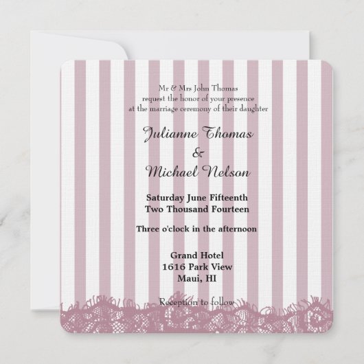 Pink Lace and Stripes Wedding Einladung (Vorderseite)