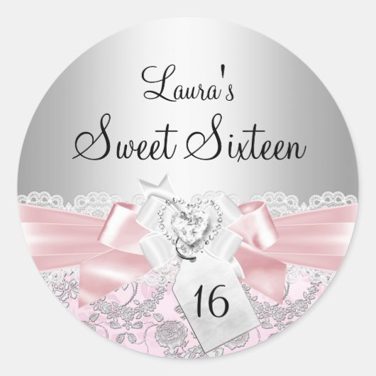 Pink Lace Bow & Floral Sweet 16 Aufkleber (Vorderseite)