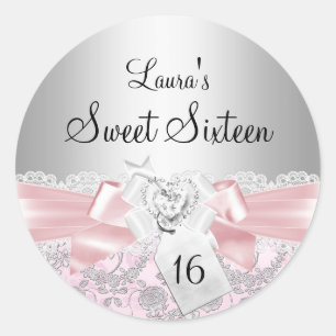 Pink Lace Bow & Floral Sweet 16 Aufkleber
