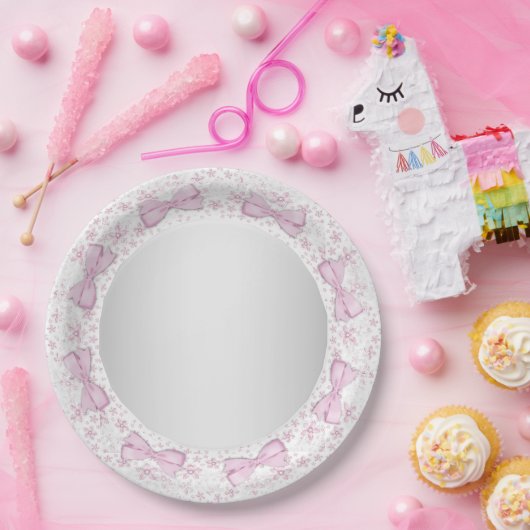 Pink Lace Bow Pink Gray Baby Dusche Pappteller (Party)