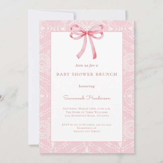 Pink Lace Bow Ribbon Babydusche Brunch Einladung (Vorderseite)