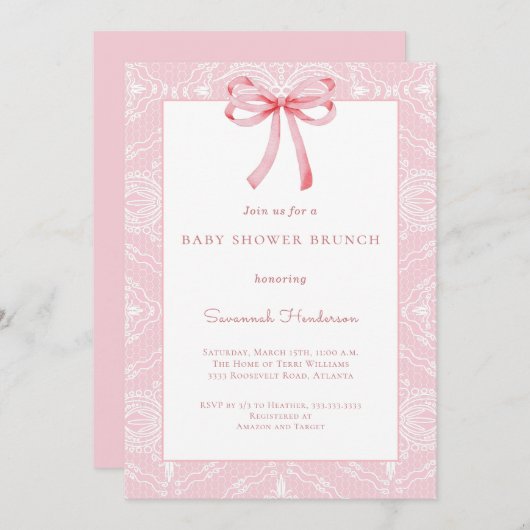 Pink Lace Bow Ribbon Babydusche Brunch Einladung (Vorne/Hinten)