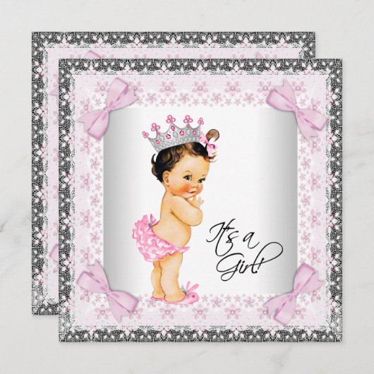Pink Lace Bows Girly Princess Babydusche Einladung (Vorne/Hinten)