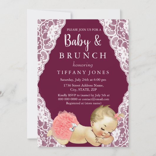 Pink Lace Burgundy Vintag Baby Dusche Brunch Einladung (Vorderseite)