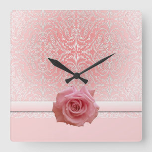 Pink Lace Damask Beauty Rosen Clock Quadratische Wanduhr