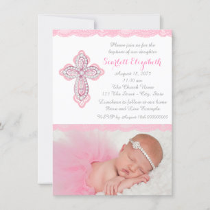 Pink Lace Diamond Cross Foto Taufe Christening Einladung