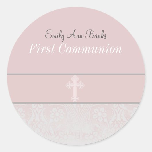 Pink Lace First Holy Communion Runder Aufkleber (Vorderseite)